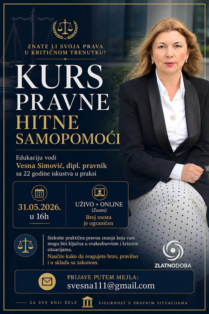 Kotizacija za kurs pravne pomoći - Vesna Simović - Zlatno doba - Beograd, Srbija - 2026